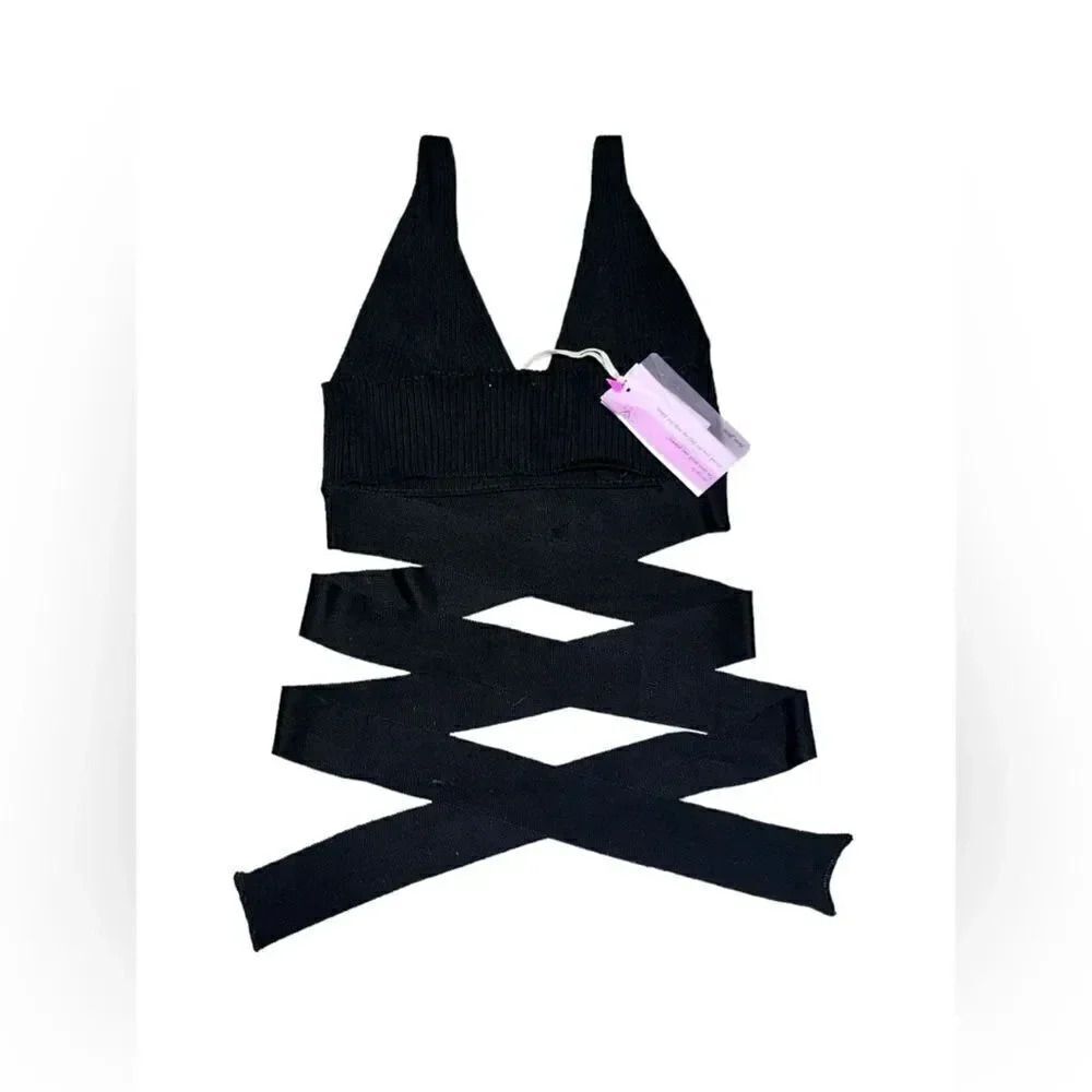NWT women’s FORTE FORTE Italian my knit black cropped waist tie tank top size 2